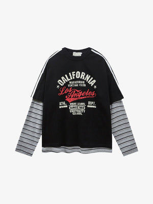 Los Angeles Layered Tee with Striped Sleeves – Black, front flat | XoKool