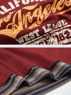 Los Angeles layered tee – Burgundy, print and striped hem close-up | XoKool
