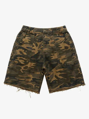 Twill-Shorts mit offenem Saum in Camo und Schwarz – Woodland Camo, Vorderansicht | XoKool