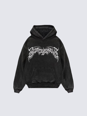 Metal Font Graphic Hoodie – Washed Schwarz, Vorderseite flach | XoKool