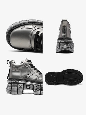 Zapatillas metalizadas con plataforma – collage de detalles: punta, talón, lateral y suela | XoKool