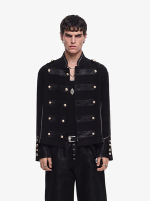 Military Band Jacket with Gold Buttons – Black, on model | XoKool