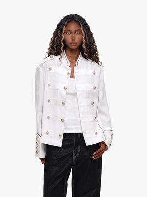 Military Band Jacket with Gold Buttons – White, on model | XoKool