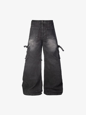 Multi Pocket Wide Leg Cargo Jeans with Straps – Black, flat back | XoKool