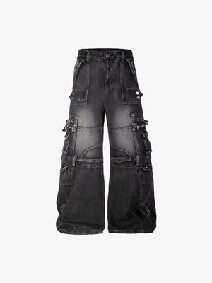 Multi Pocket Wide Leg Cargo Jeans with Straps – Black, flat front | XoKool