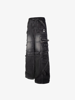 Multi Pocket Wide Leg Cargo Jeans with Straps – Black, flat side | XoKool