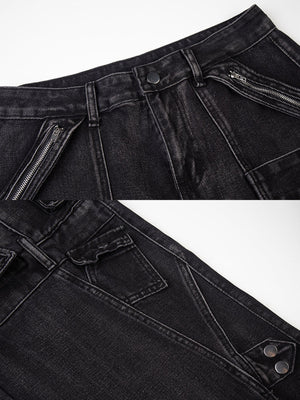 Wide Leg Cargo Jeans – Black, pocket & zip close-up | XoKool
