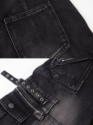 Wide Leg Cargo Jeans – Black, strap & eyelet close-up | XoKool