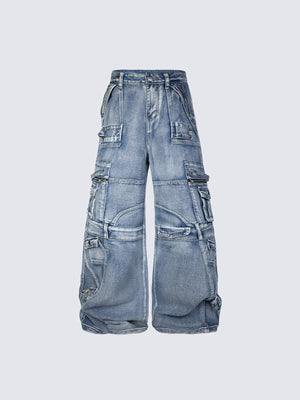 Multi Pocket Wide Leg Cargo Jeans with Straps – Blue, flat front | XoKool