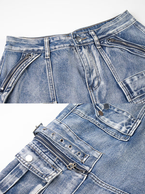 Wide Leg Cargo Jeans – Blue, zip & strap close-up | XoKool