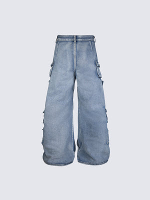 Multi Pocket Zipper Wide Leg Cargo Jeans – Light Wash Blue, back flat | XoKool