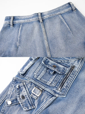 Wide leg cargo jeans – Light Wash Blue, back yoke and buckle pocket close-up | XoKool