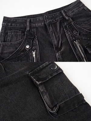 Wide leg cargo jeans – Washed Black, waist and flap pocket close-up | XoKool