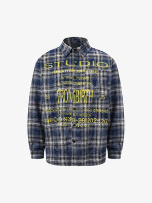 Navy Plaid Flannel Shirt with Yellow Text Print – Navy Blue, front view | XoKool