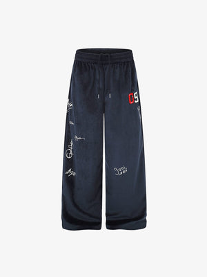 Navy Velour Wide Leg Sweatpants with 09 Patch – Navy, front view | XoKool