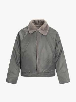 Nylon Bomber Jacket with Faux Fur Collar – Grey, front view | XoKool