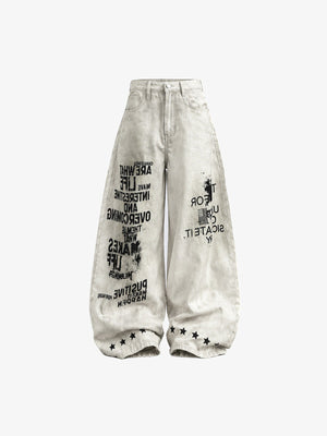 Offwhite Baggy Jeans mit Slogan-Print und Stern-Saum – Offwhite, Vorderseite flach | XoKool