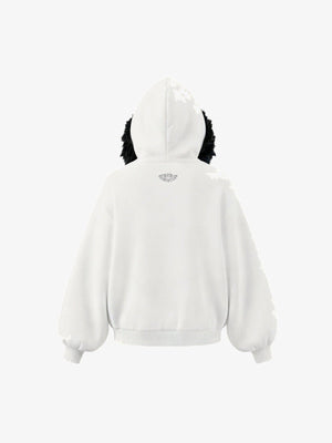 Off White Zip Hoodie mit schwarzer Fellkapuze – Rückansicht flach | XoKool