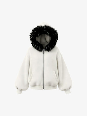 Off White Zip Hoodie mit schwarzer Fellkapuze – Vorderansicht flach | XoKool
