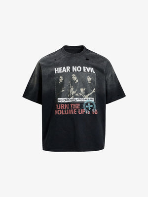 Ombre Washed Distressed Tee with Band-Style Photo Print – Black Ombre, front view | XoKool