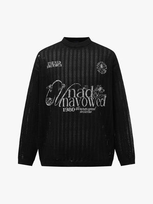 Open Knit Crewneck Sweater with Script Text – Black, front view | XoKool