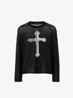Open Knit Mesh Sweater with White Cross – front view | XoKool