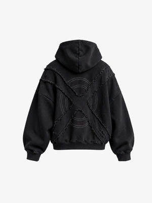 Hoodie negro oversize con panel de X en la espalda – espalda en plano con panel de X | XoKool