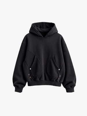 Hoodie negro oversize con panel de X en la espalda – negro lavado, frente en plano | XoKool