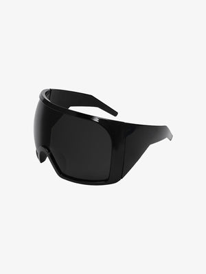 Oversized Glossy Shield Wrap Sunglasses – Black, angled view | XoKool
