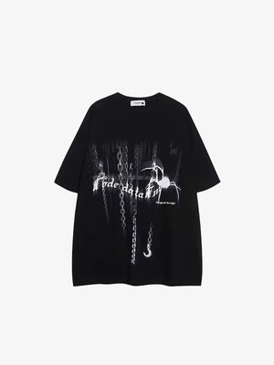 Oversized Gothic T-Shirt with Spider and Chains – Black front flat lay | XoKool