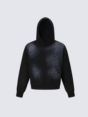 Oversized Leopard Print Hoodie – Black, front flat | XoKool