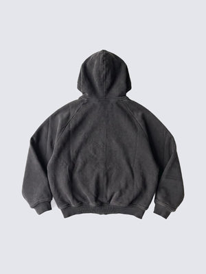 Oversized Washed Charcoal Graphic Zip Hoodie – Dunkelgrau, Rückansicht | XoKool