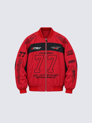 Padded Racing Bomber Jacket with Number Graphic – Red, front | XoKool