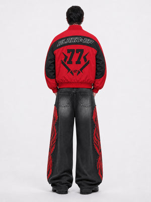 Padded Racing Bomber Jacket with Number Graphic – Red, on model back | XoKool