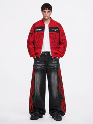 Padded Racing Bomber Jacket with Number Graphic – Red, on model front | XoKool