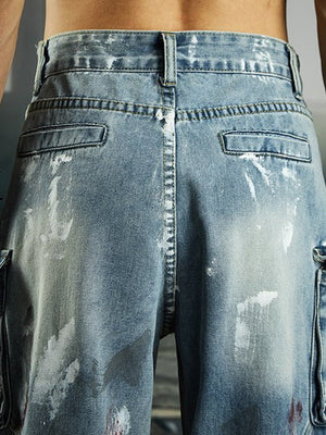 Jeans cargo con salpicaduras de pintura – Azul claro, detalle de la parte trasera | XoKool