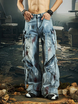 Jeans cargo con salpicaduras de pintura – Azul claro sobre modelo, frente | XoKool