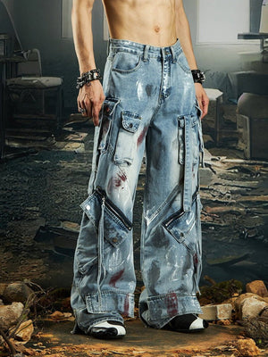 Jeans cargo con salpicaduras de pintura – Azul claro sobre modelo, frente | XoKool