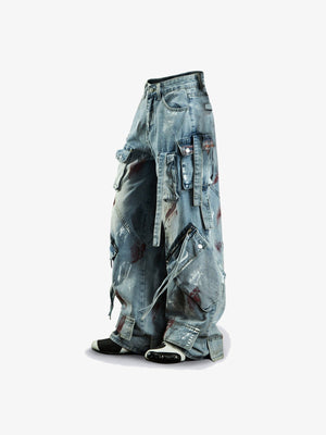 Jeans baggy cargo con salpicaduras de pintura y cremalleras en las rodillas – Azul claro, vista lateral plana | XoKool