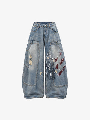 Paint Splatter Baggy Jeans mit Stern-Print – Hellblau, Vorderseite flach | XoKool