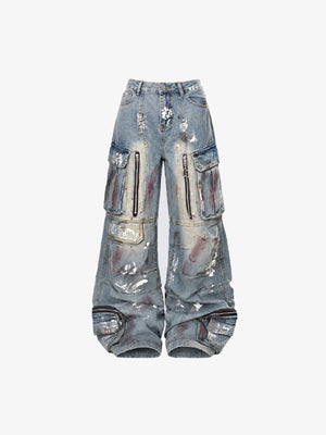 Wide Leg Cargo Jeans mit Farbspritzern und Reißverschlüssen – Vorderseite flach | XoKool