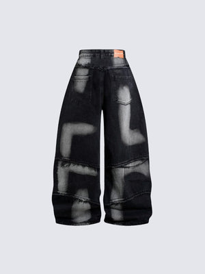 Patchwork barrel jeans – Black, back flat | XoKool