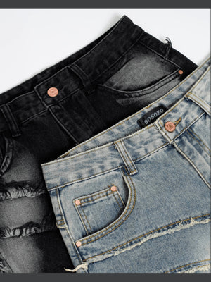 Patchwork barrel jeans – Black + Blue pocket close-up | XoKool