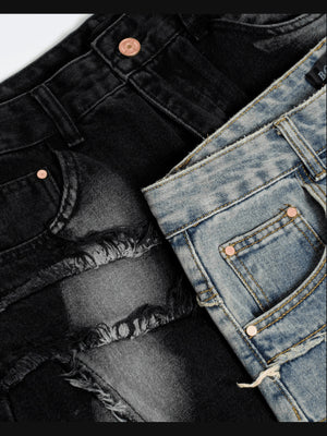 Patchwork barrel jeans – Black + Blue waist close-up | XoKool