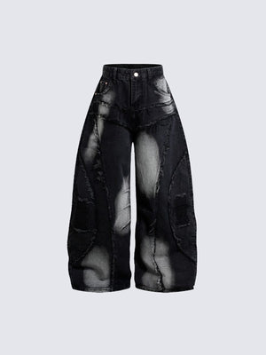 Patchwork Barrel Jeans with Frayed Curved Seams – Black, front flat | XoKool