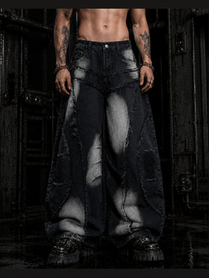 Patchwork Barrel Jeans with Frayed Curved Seams – Black on model, front | XoKool