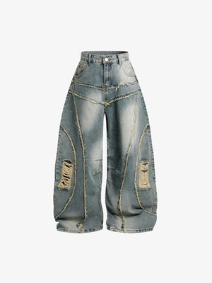 Patchwork Barrel Jeans with Frayed Curved Seams – Blue, front flat | XoKool