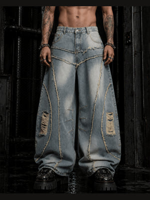 Patchwork Barrel Jeans with Frayed Curved Seams – Blue on model, front | XoKool