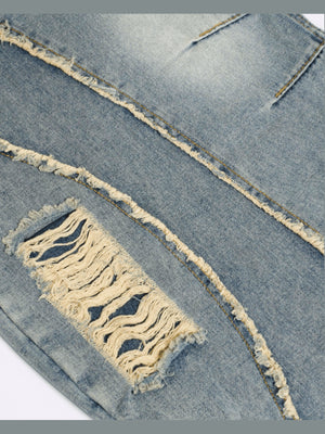 Patchwork barrel jeans – Blue rip close-up 2 | XoKool