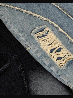 Patchwork barrel jeans – Blue rip & seam close-up | XoKool